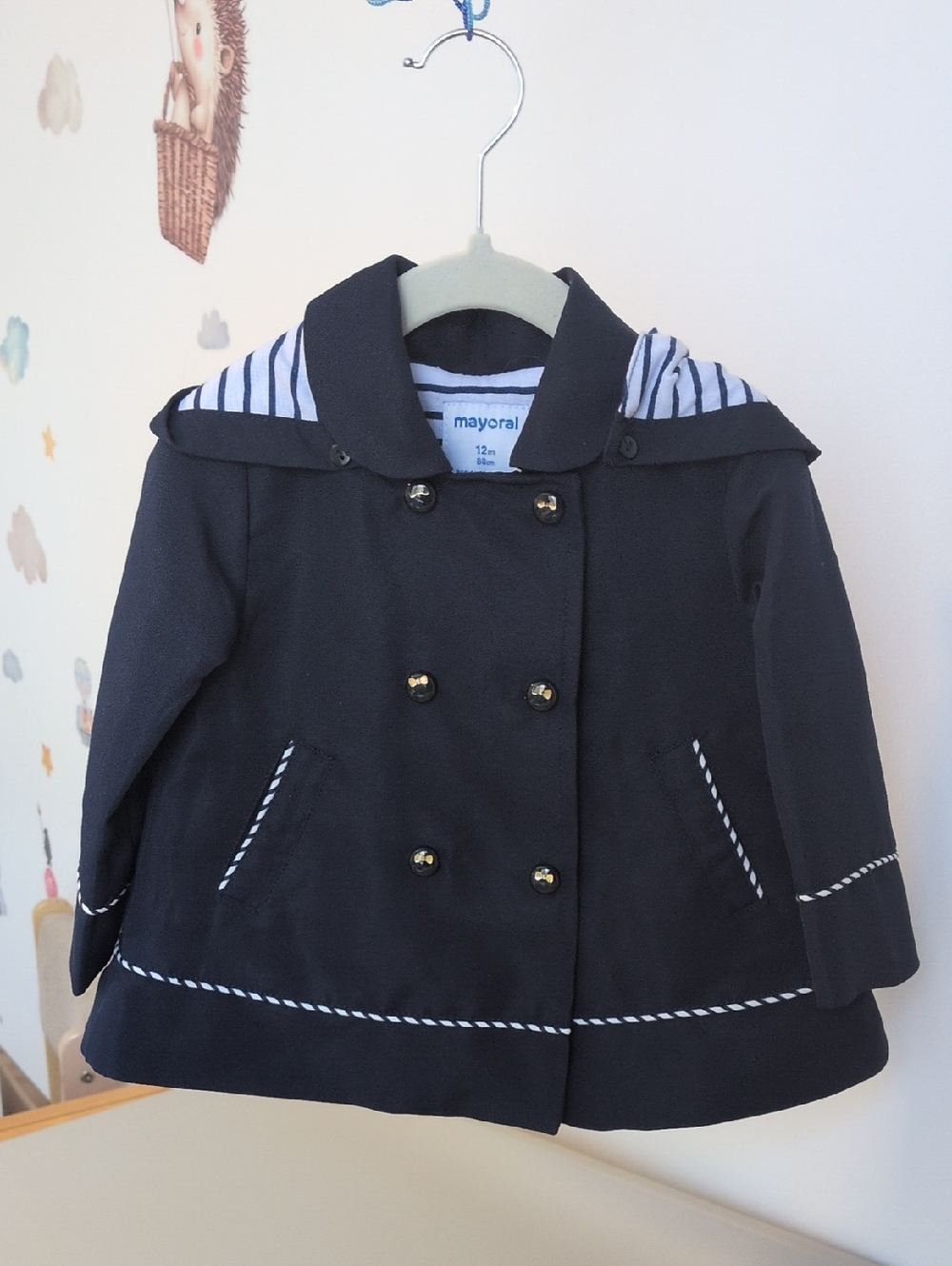 Mayoral 🇪🇸 - 12M  Navy Double-Breasted Peacoat with Striped Hood Lining